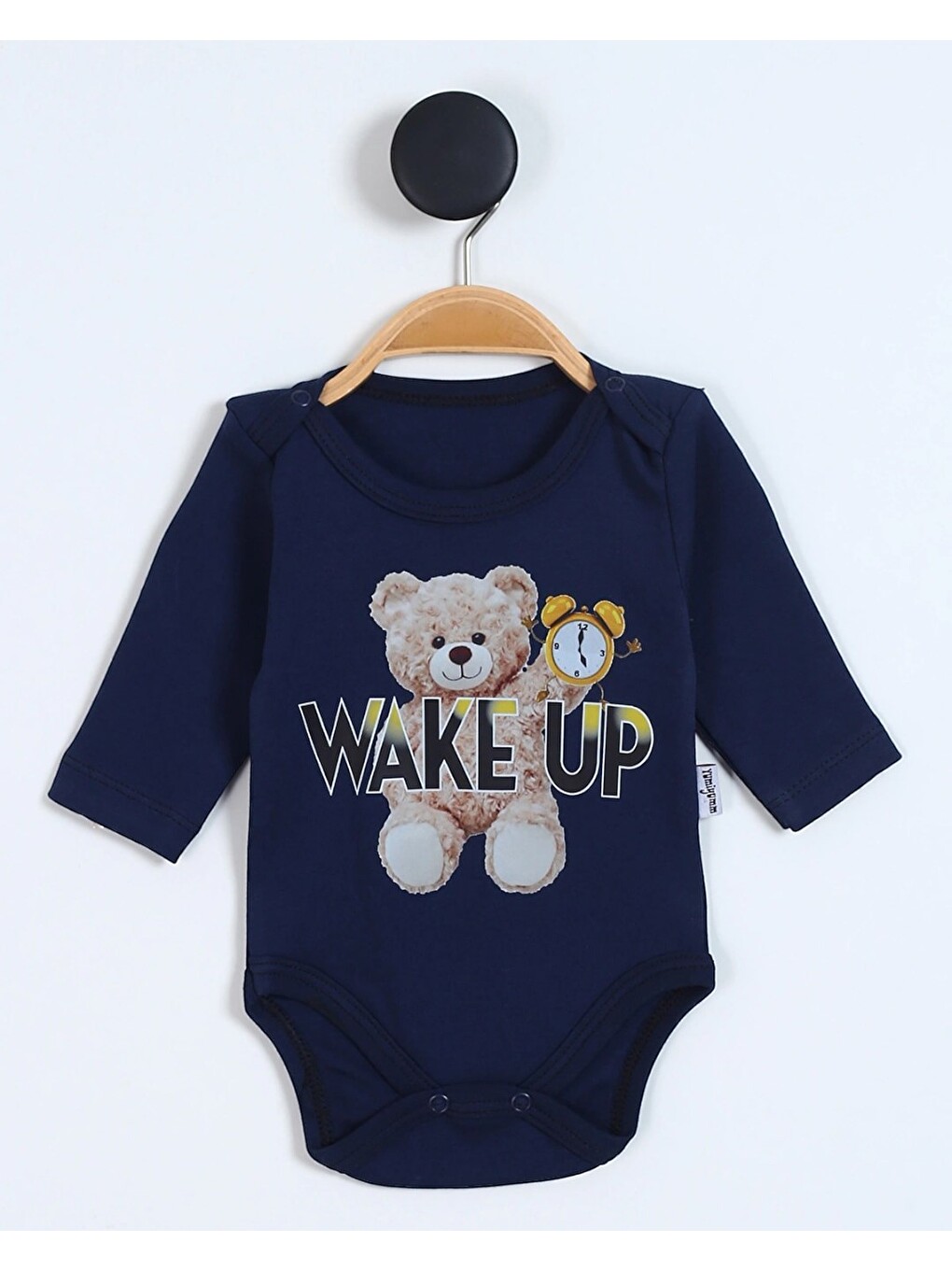 Lacivert Uzun Kollu Wake Up Ayıcık Baskılı %100 Pamuk Çıtçıtlı Body-2
