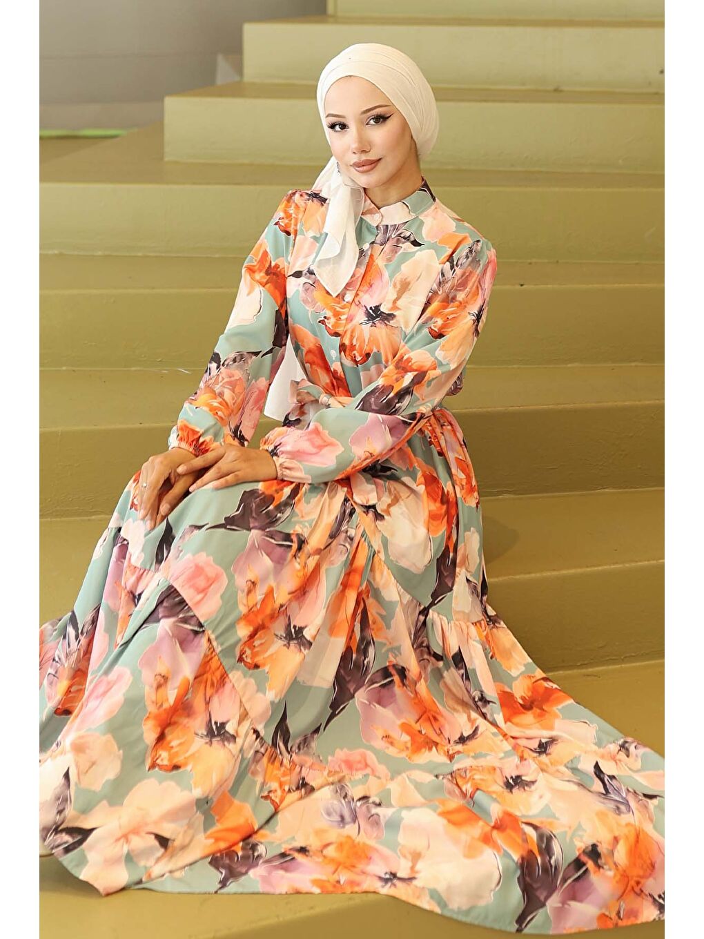 Kadın Desenli Uzun Tesettür Elbise 2586 - Turuncu