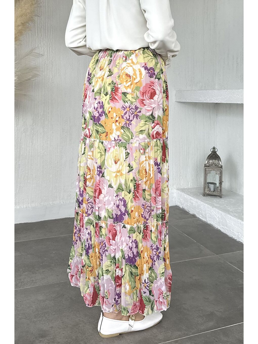 Yeşil Bel Lastikli Desenli Şifon Tesettür Etek-4