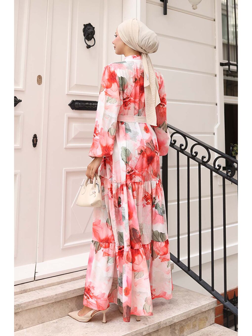 Kırmızı Kadın Desenli Uzun Tesettür Elbise 2586 - Nar-4