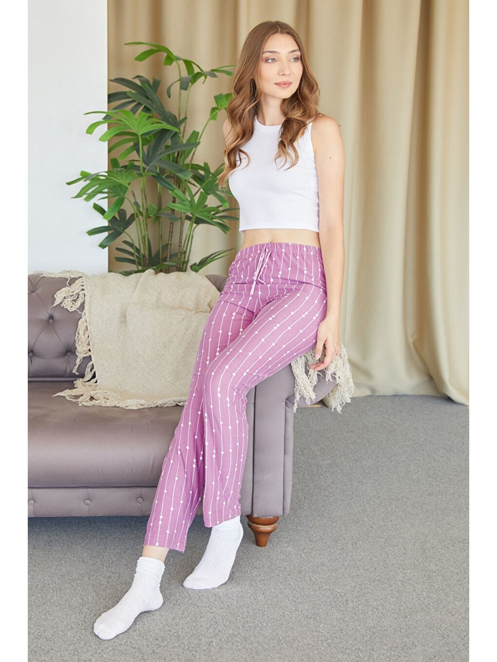 Mor Kalp Desenli Süet Pijama Altı