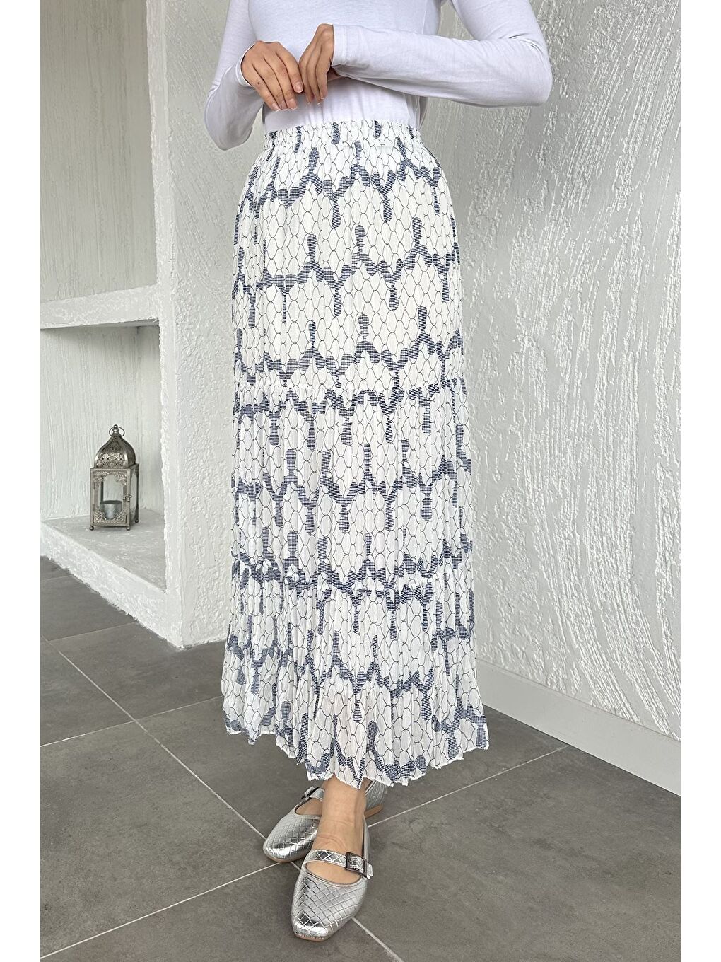 Ekru Bel Lastikli Desenli Şifon Tesettür Etek-2