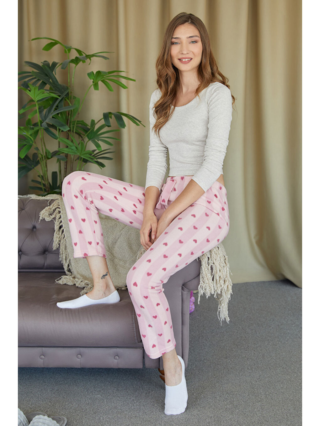 Pembe Kedi Desenli Polar Pijama Altı