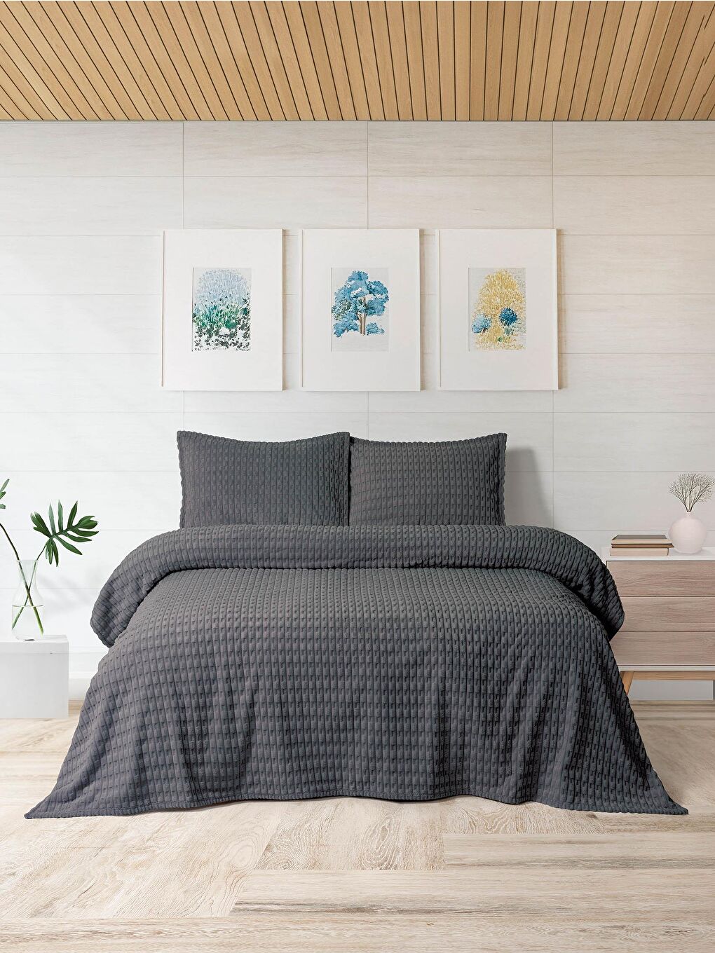 Modern Twist 3 Parça Çift Kişilik Battaniye Seti Kutulu 220x240 Koyu Gri
