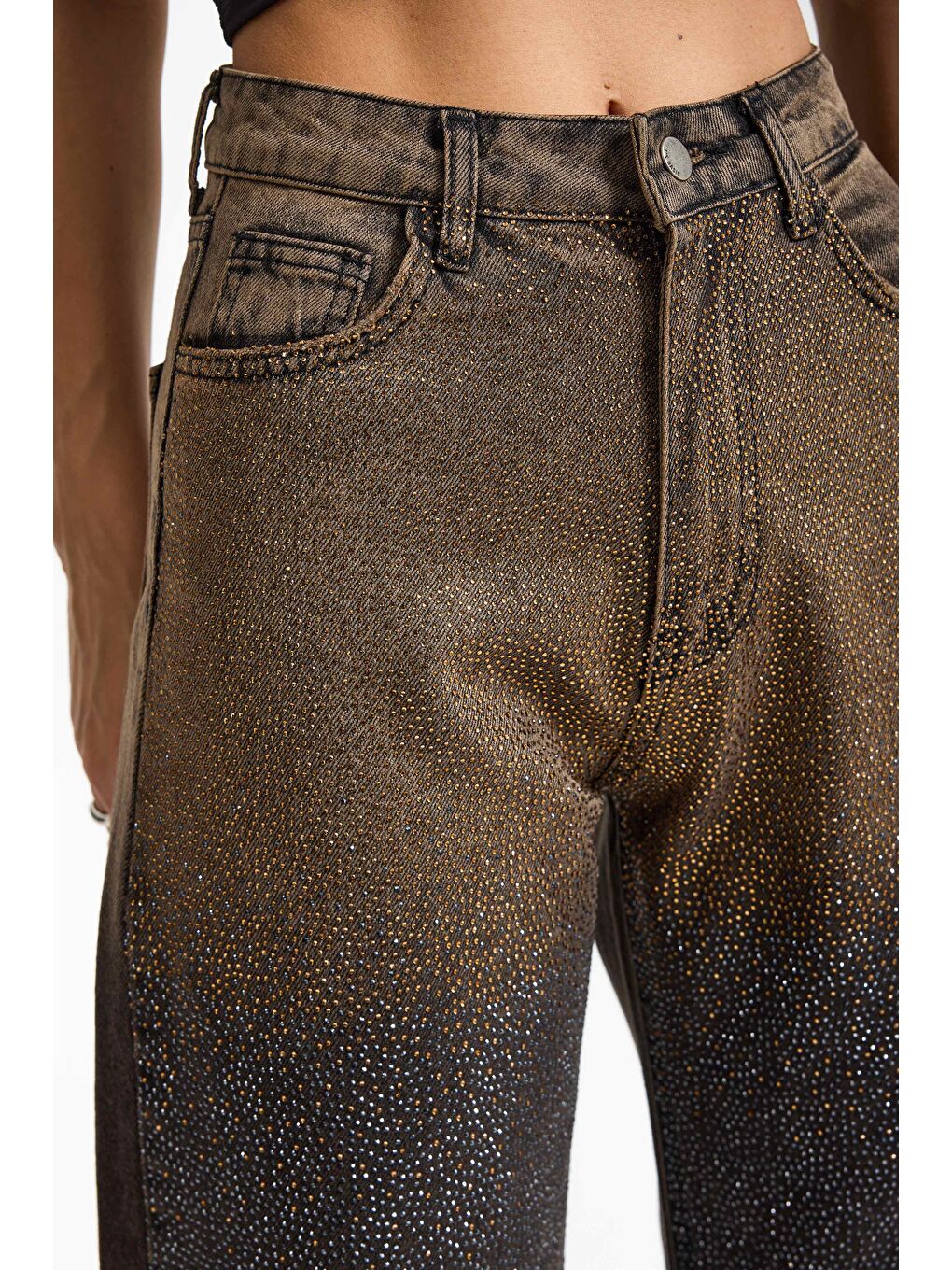 Bej Kadın Koyu Taş Rengi T-21w5-81 Straight Fit Çift Renk Parlak Taş Detaylı Özel Tasarım Denim Jean-1