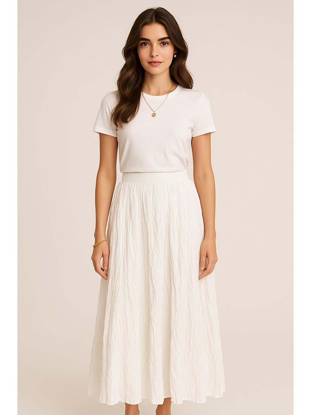 Ekru Kırışık Görünümlü Saf Pamuk Beyaz Maksi Etek