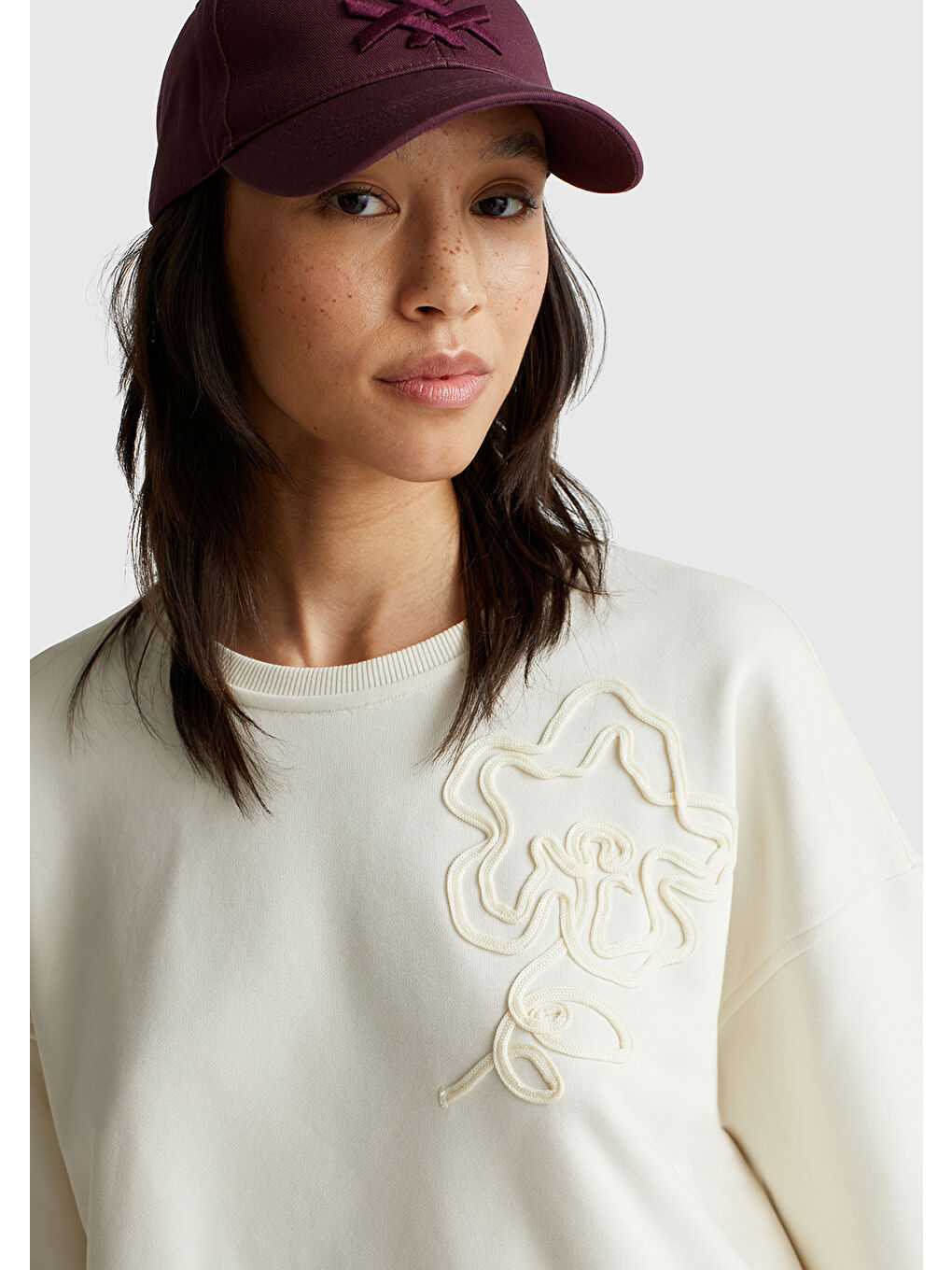 Ekru Kadın Krem Pamuk Karışımlı Çiçek Motifli Sweatshirt-5