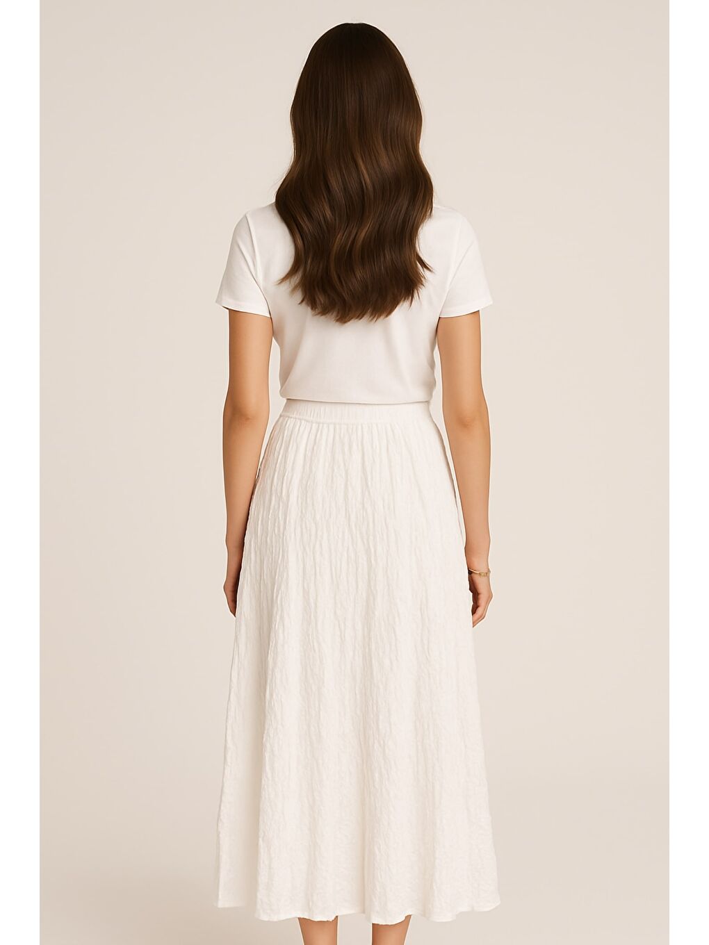 Ekru Kırışık Görünümlü Saf Pamuk Beyaz Maksi Etek-1