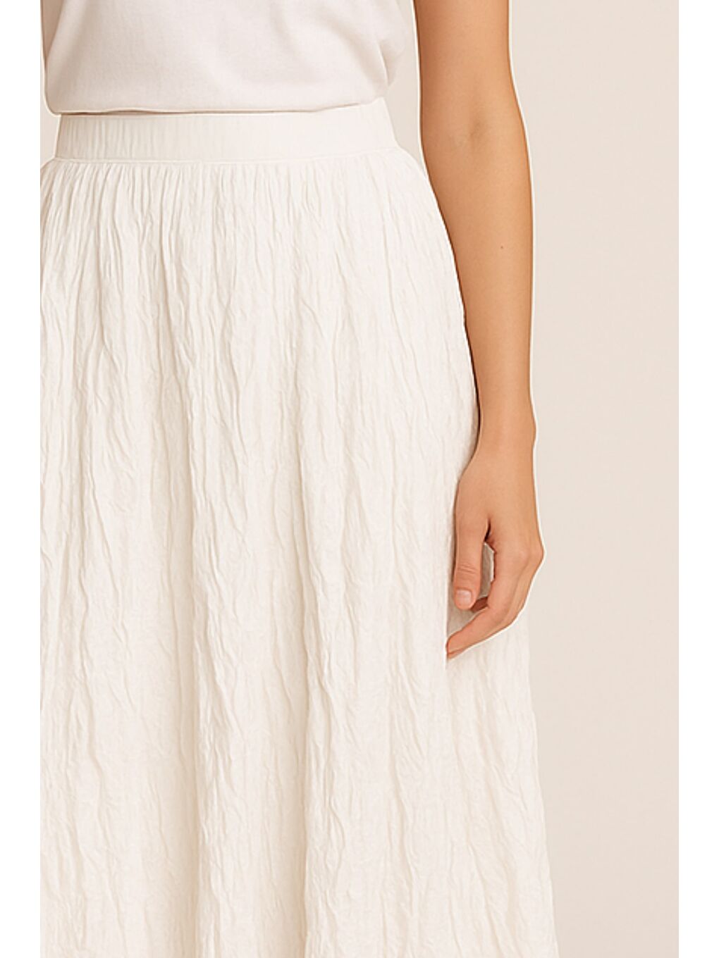 Ekru Kırışık Görünümlü Saf Pamuk Beyaz Maksi Etek-2