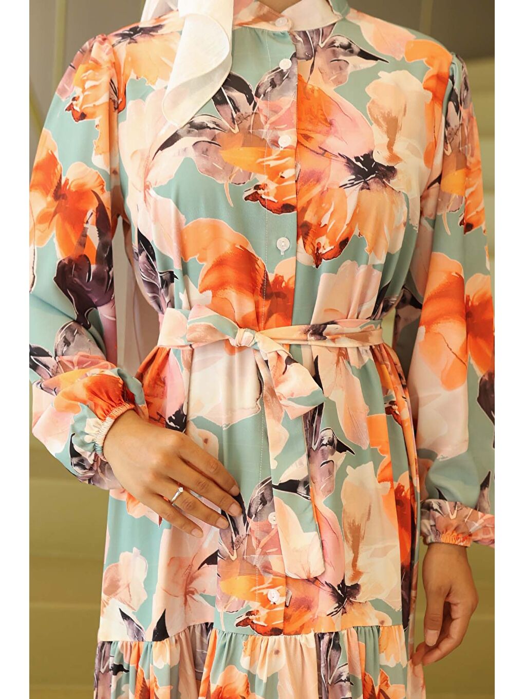 Kadın Desenli Uzun Tesettür Elbise 2586 - Turuncu-2