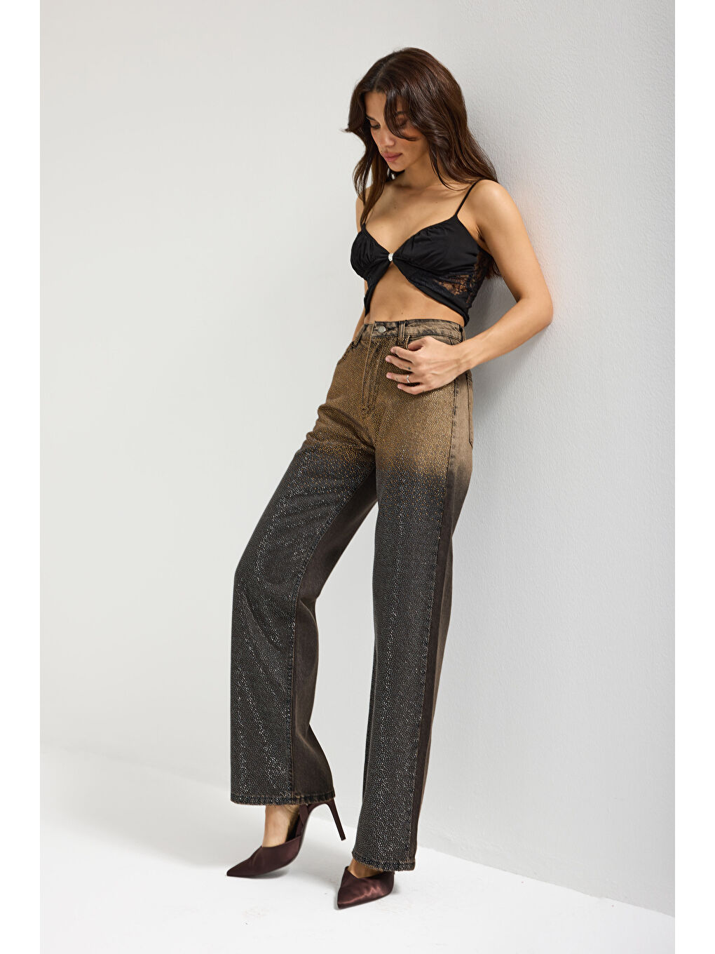 Bej Kadın Koyu Taş Rengi T-21w5-81 Straight Fit Çift Renk Parlak Taş Detaylı Özel Tasarım Denim Jean-2