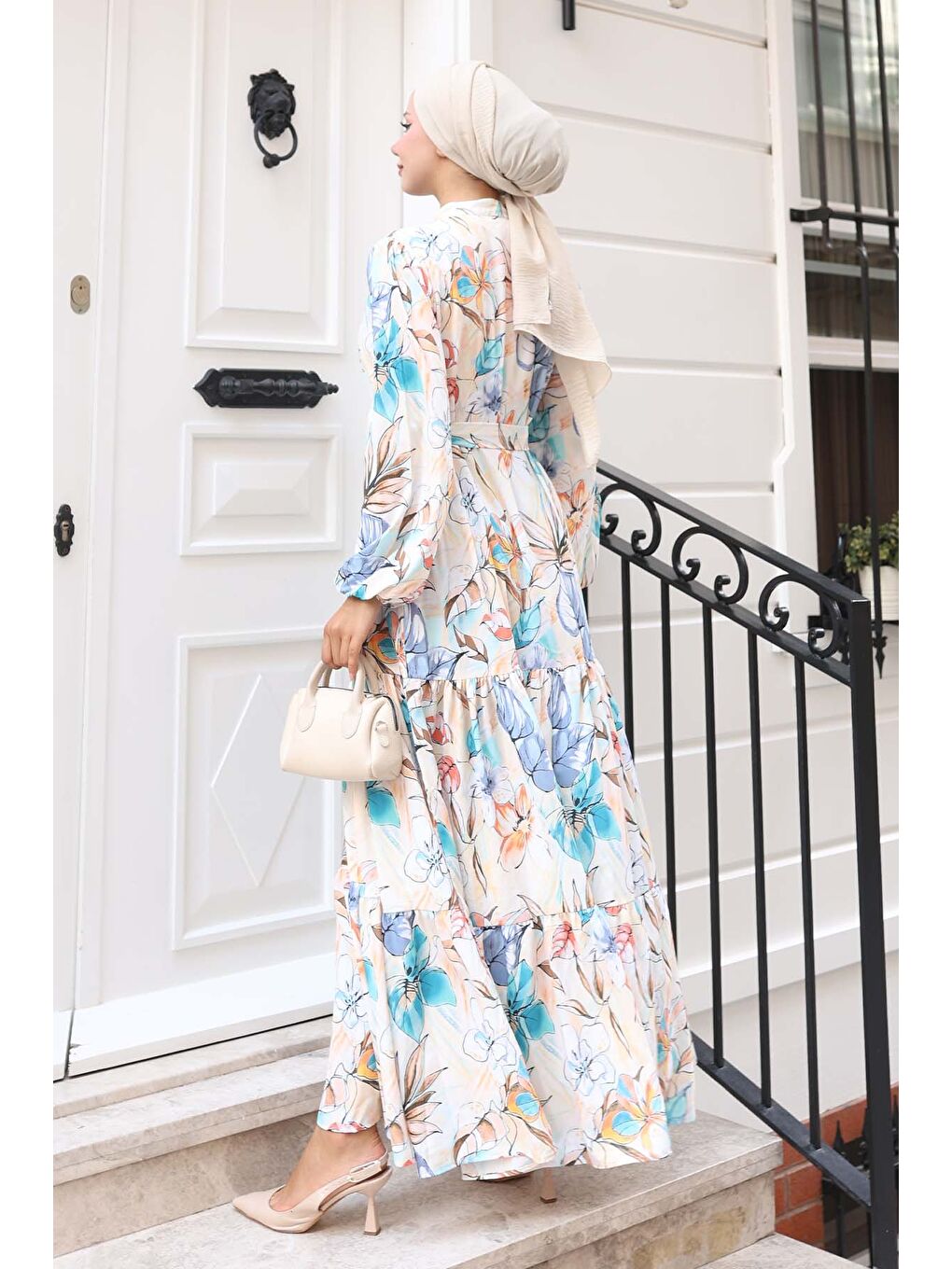 Yeşil Kadın Desenli Uzun Tesettür Elbise 2586 - Mint-4