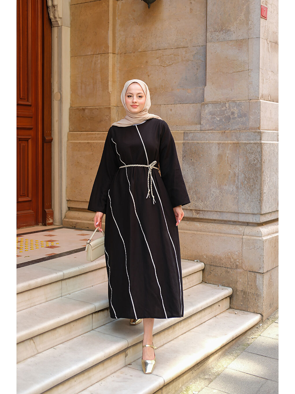 Kadın Hasır Kemerli Elbise Siyah-1