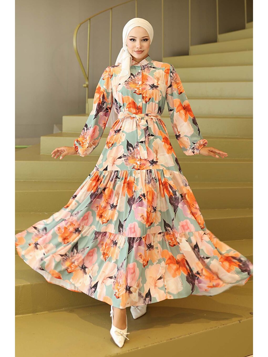 Kadın Desenli Uzun Tesettür Elbise 2586 - Turuncu-3