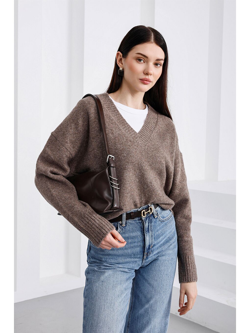 Kahverengi Loop Halka Detaylı Baget Çanta Kahve-2