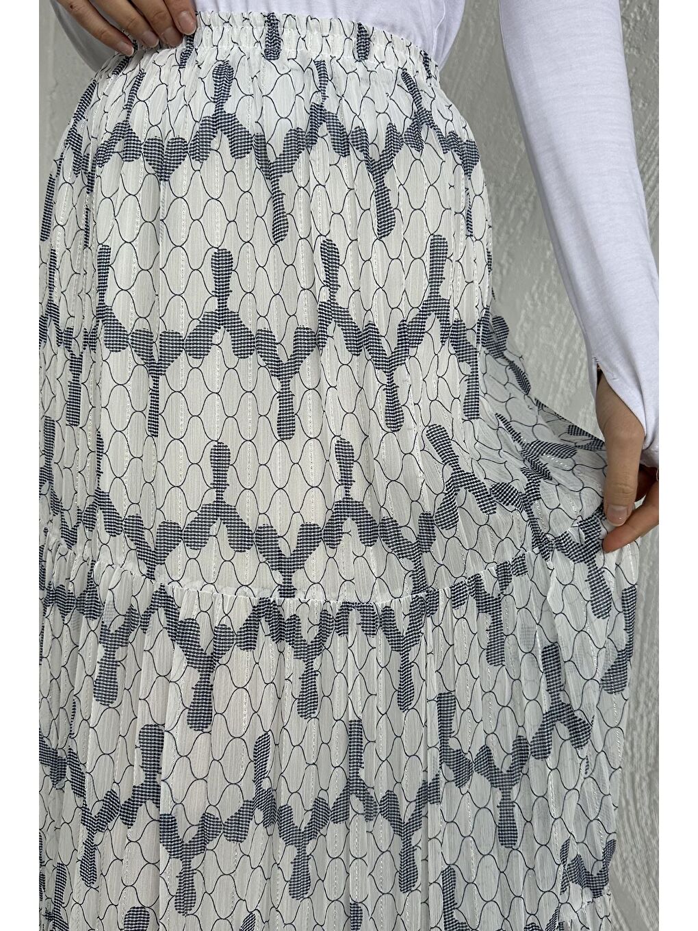 Ekru Bel Lastikli Desenli Şifon Tesettür Etek-6
