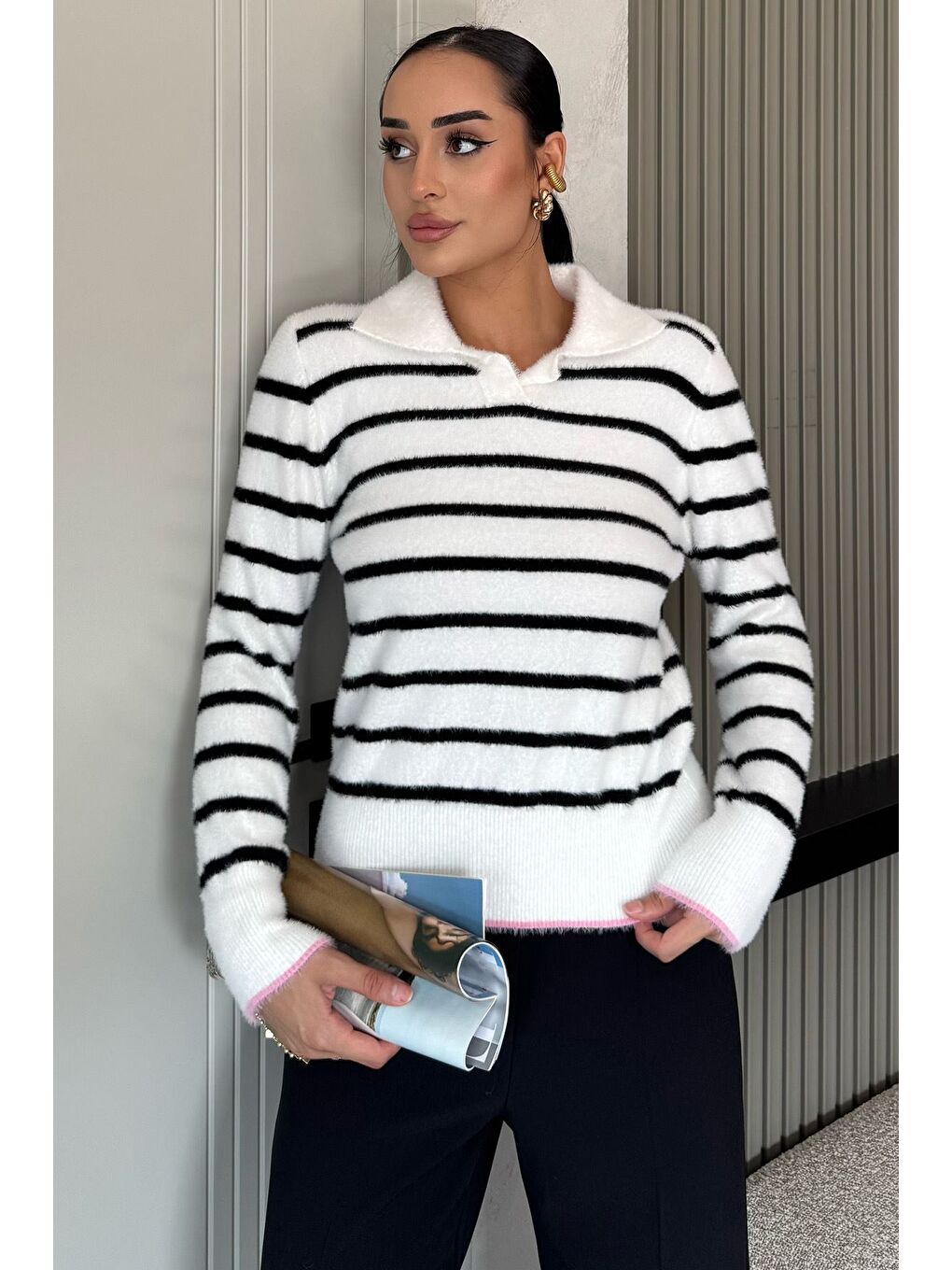 Ekru Kadın Polo Yaka Çizgi Desenli Sakallı Triko Kazak (s-m-l-xl Beden Uyumludur.)