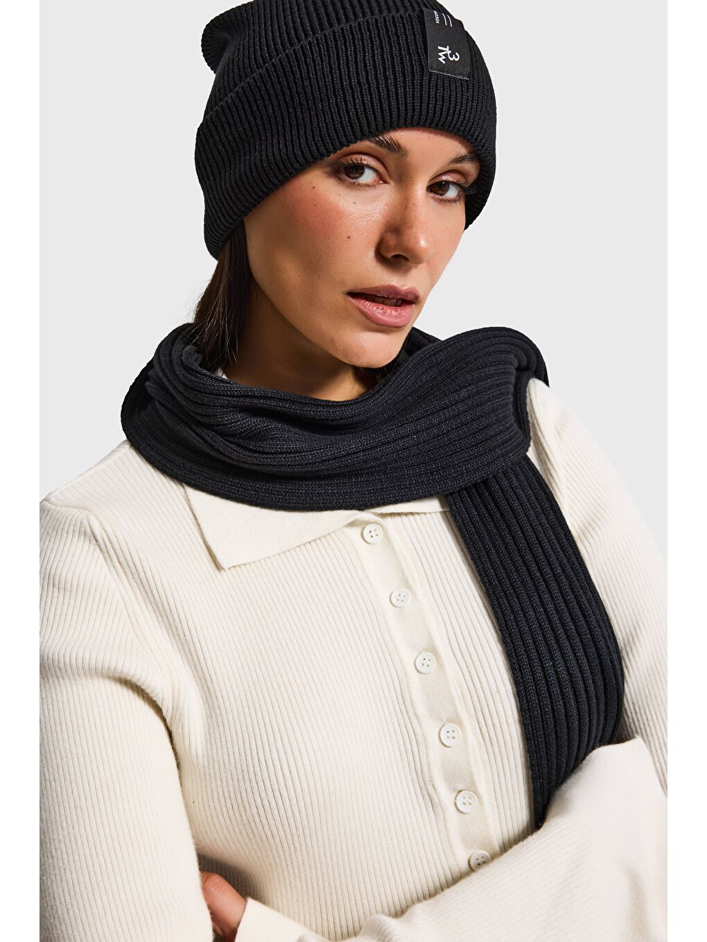 Siyah Fitilli Kumaş Bere Atkı 2'li Takım-1