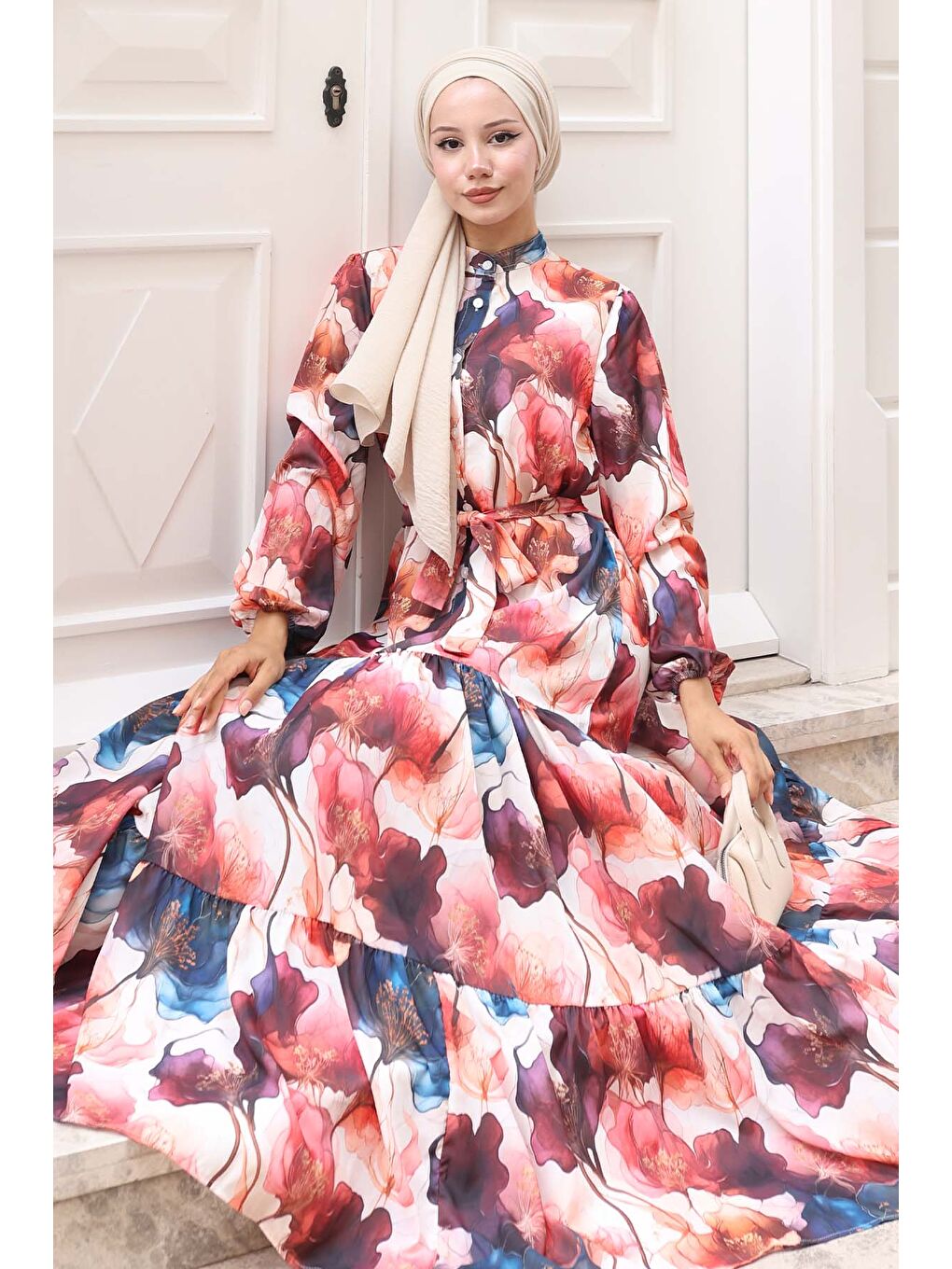 Kadın Desenli Uzun Tesettür Elbise 2586 - Bordo