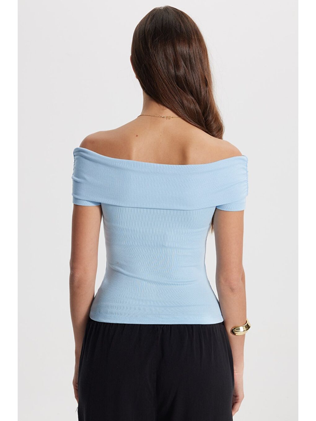 Kadın Slim Fit Dar Kesim Pamuklu Kayık Yaka Kısa Kollu Elastanlı Mavi Bluz-5