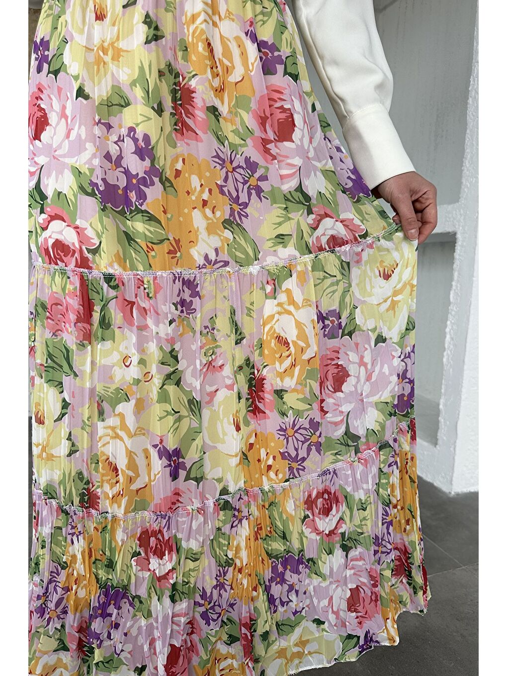 Yeşil Bel Lastikli Desenli Şifon Tesettür Etek-7