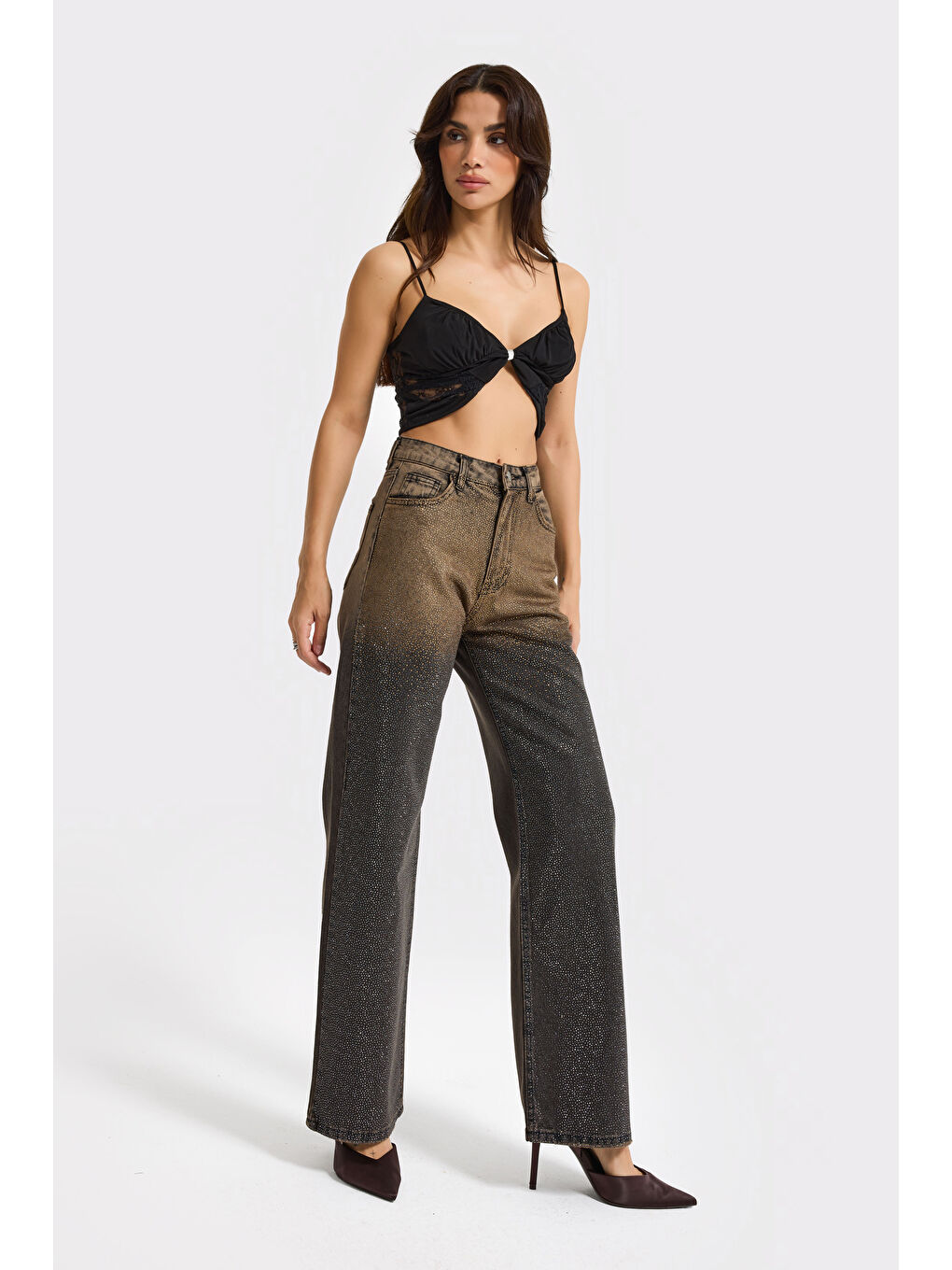 Bej Kadın Koyu Taş Rengi T-21w5-81 Straight Fit Çift Renk Parlak Taş Detaylı Özel Tasarım Denim Jean-3