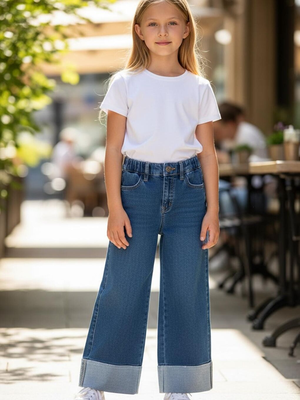 Kız Çocuk  Mavi Mid Rise Metalik Cuffed Baggy Jean Pantolon