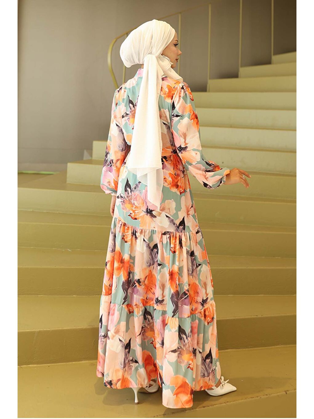Kadın Desenli Uzun Tesettür Elbise 2586 - Turuncu-4