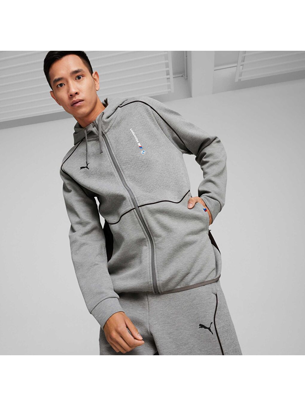 Gri BMW M Motorsport Erkek Kapüşonlu Motorsport SWEAT Ceket-6