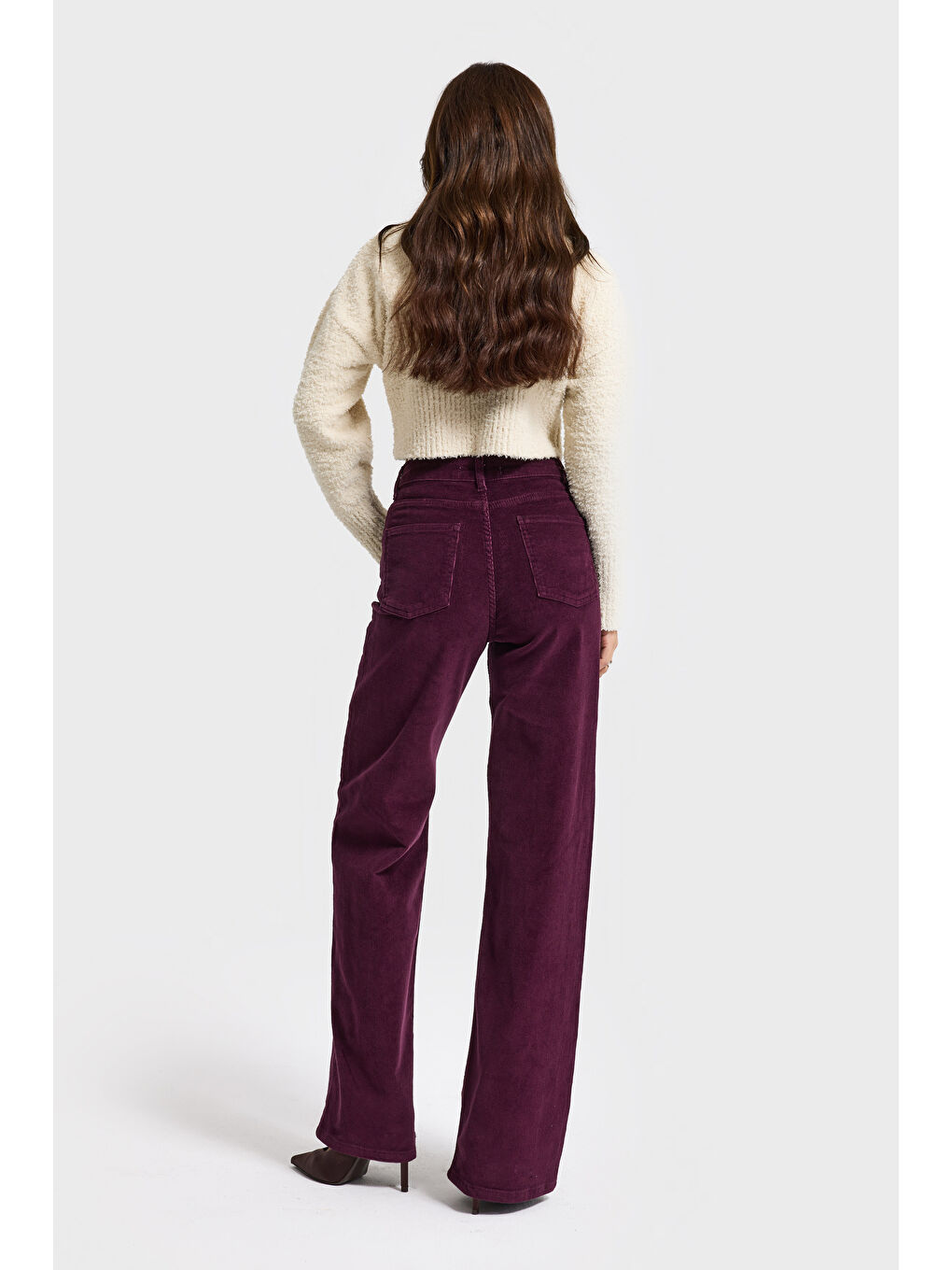 Kadın Mor Renk 26w5-111 Straight Cropped Fit Elastan Kumaş İnce Fitilli Velvet Kadife Kumaş Pantolon-3