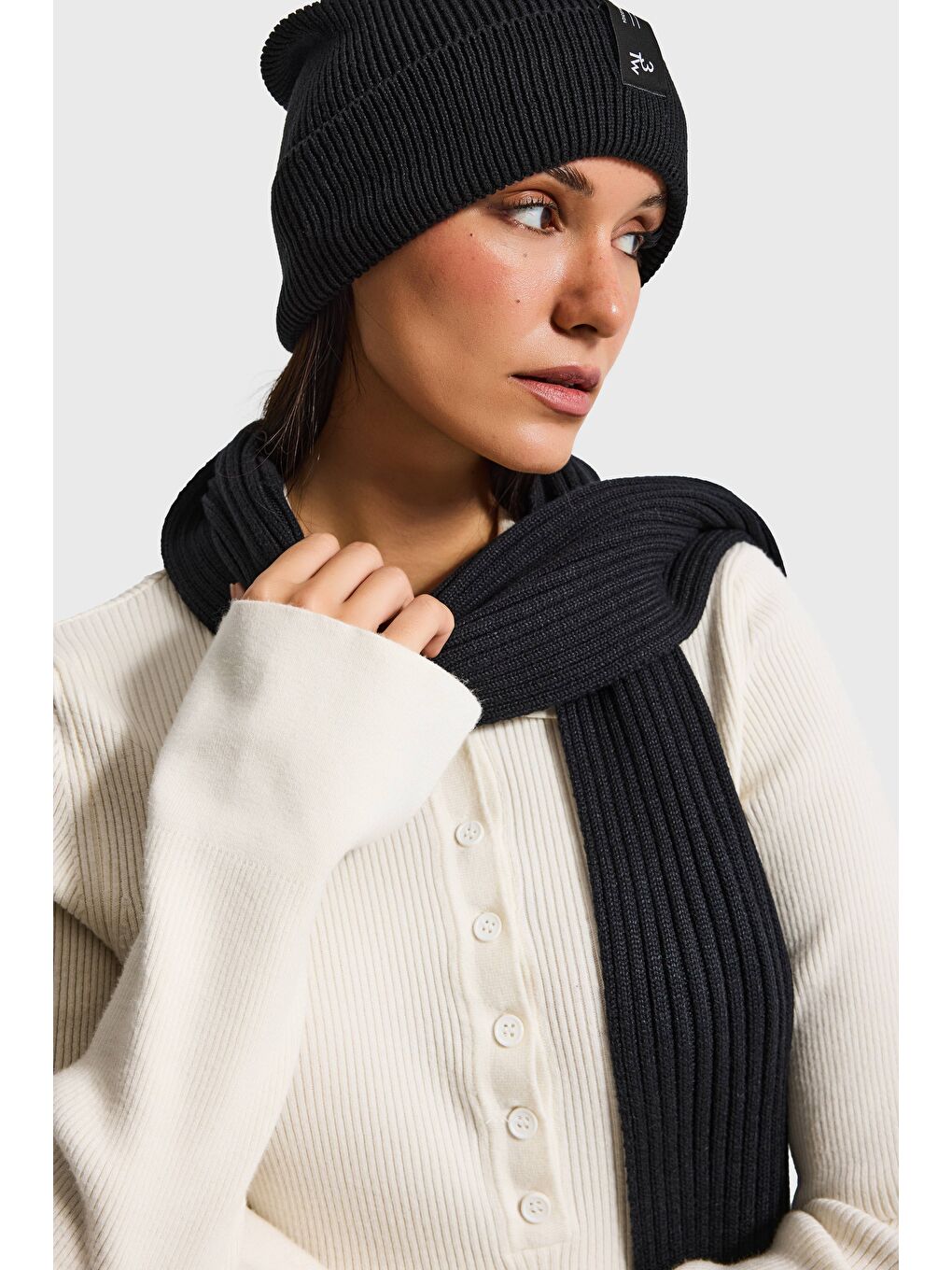 Siyah Fitilli Kumaş Bere Atkı 2'li Takım-3