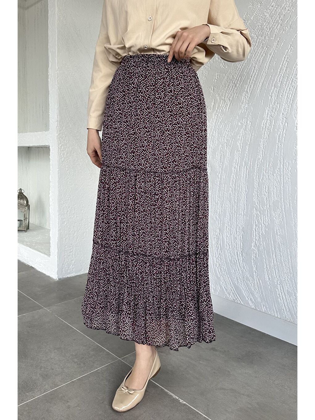 Bordo Bel Lastikli Desenli Şifon Tesettür Etek