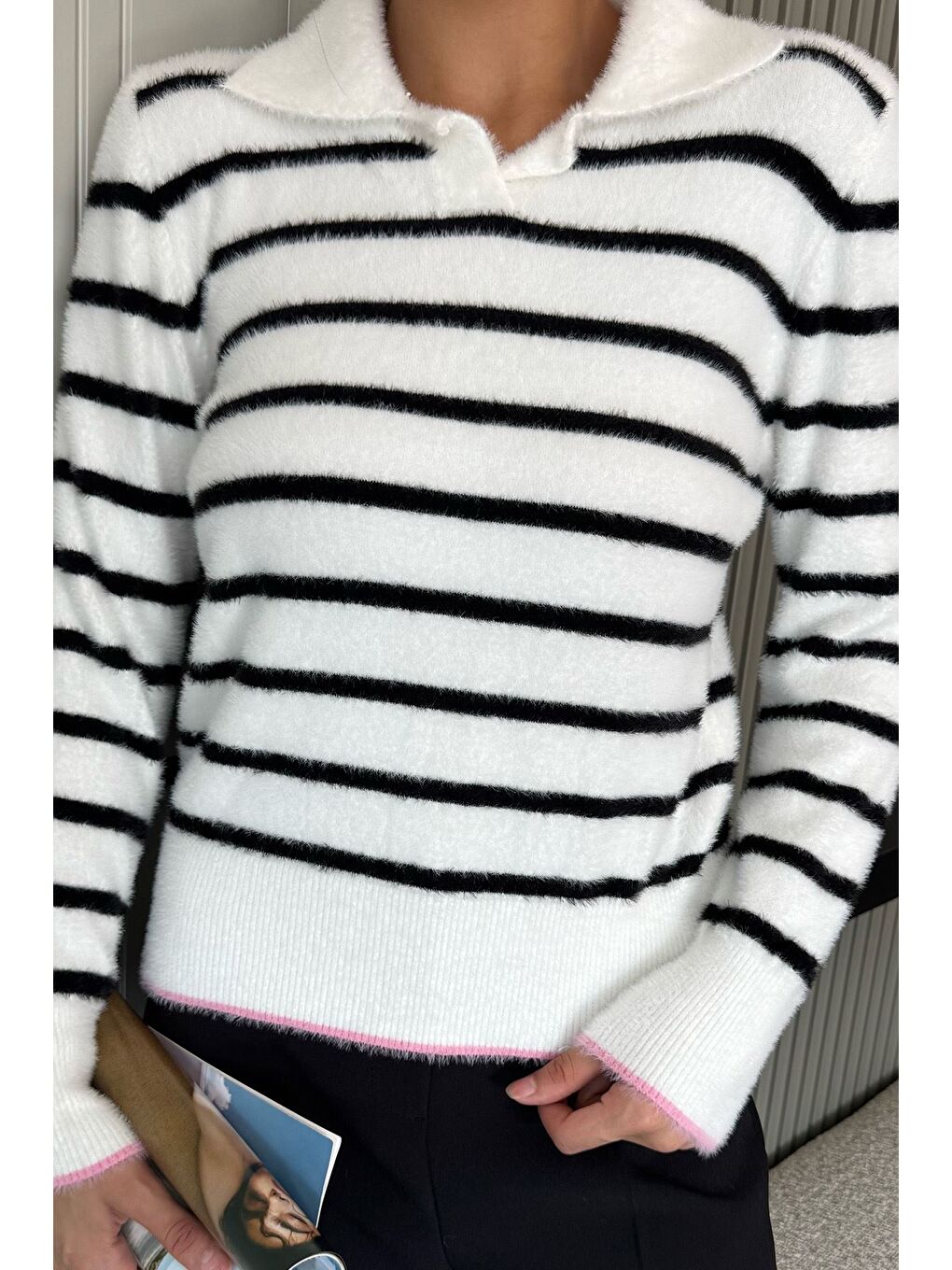 Ekru Kadın Polo Yaka Çizgi Desenli Sakallı Triko Kazak (s-m-l-xl Beden Uyumludur.)-2