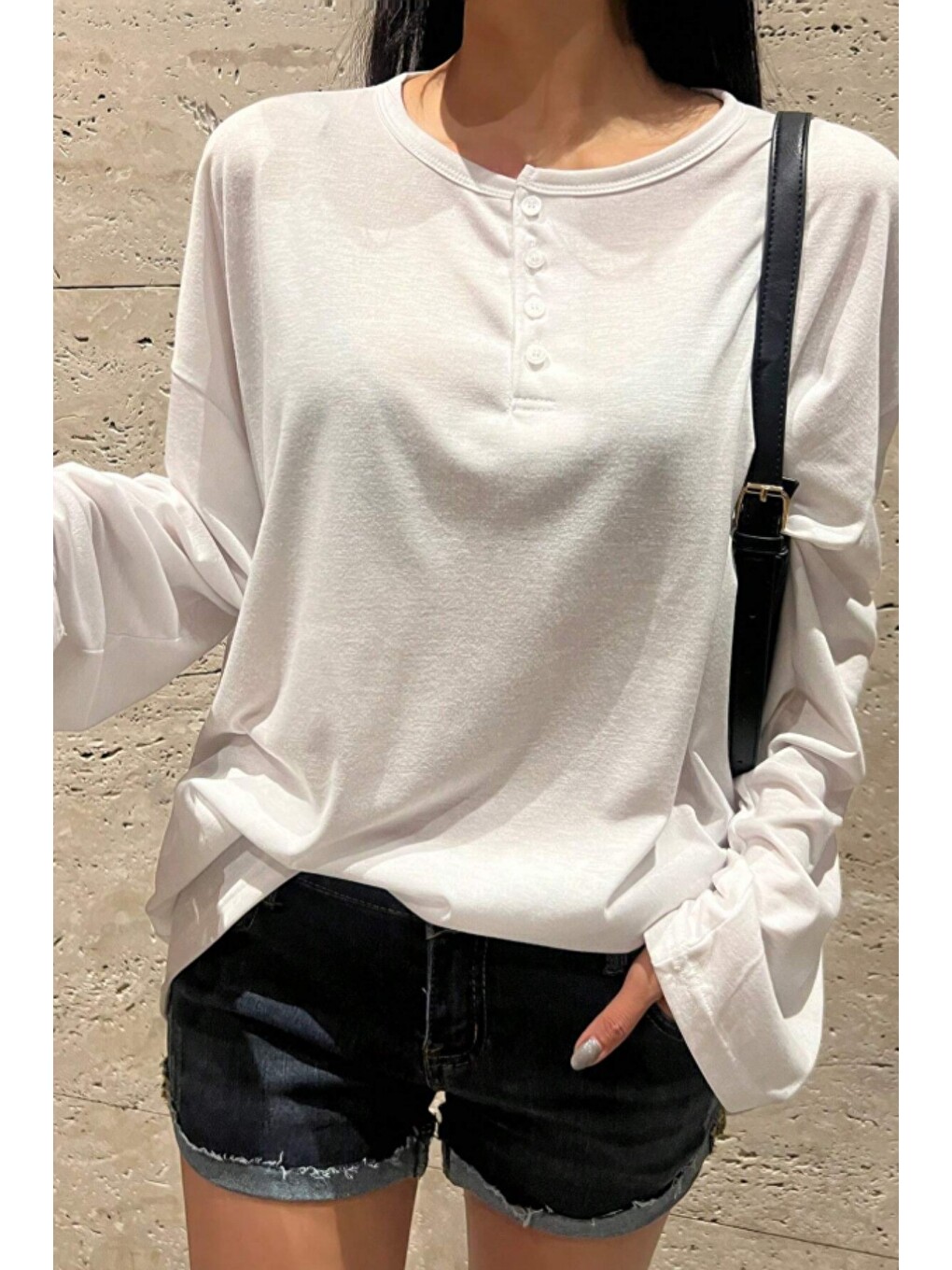 Beyaz Kadın Oversize Flamlı Uzun Kollu Basic Tişört %100 Pamuk Rahat Kalıp Günlük Kullanım-2