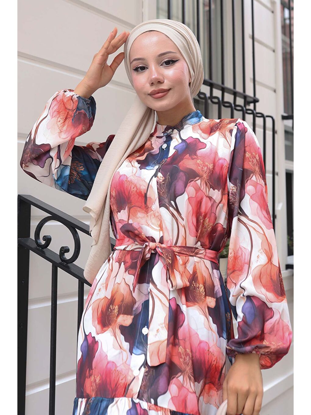 Kadın Desenli Uzun Tesettür Elbise 2586 - Bordo-1