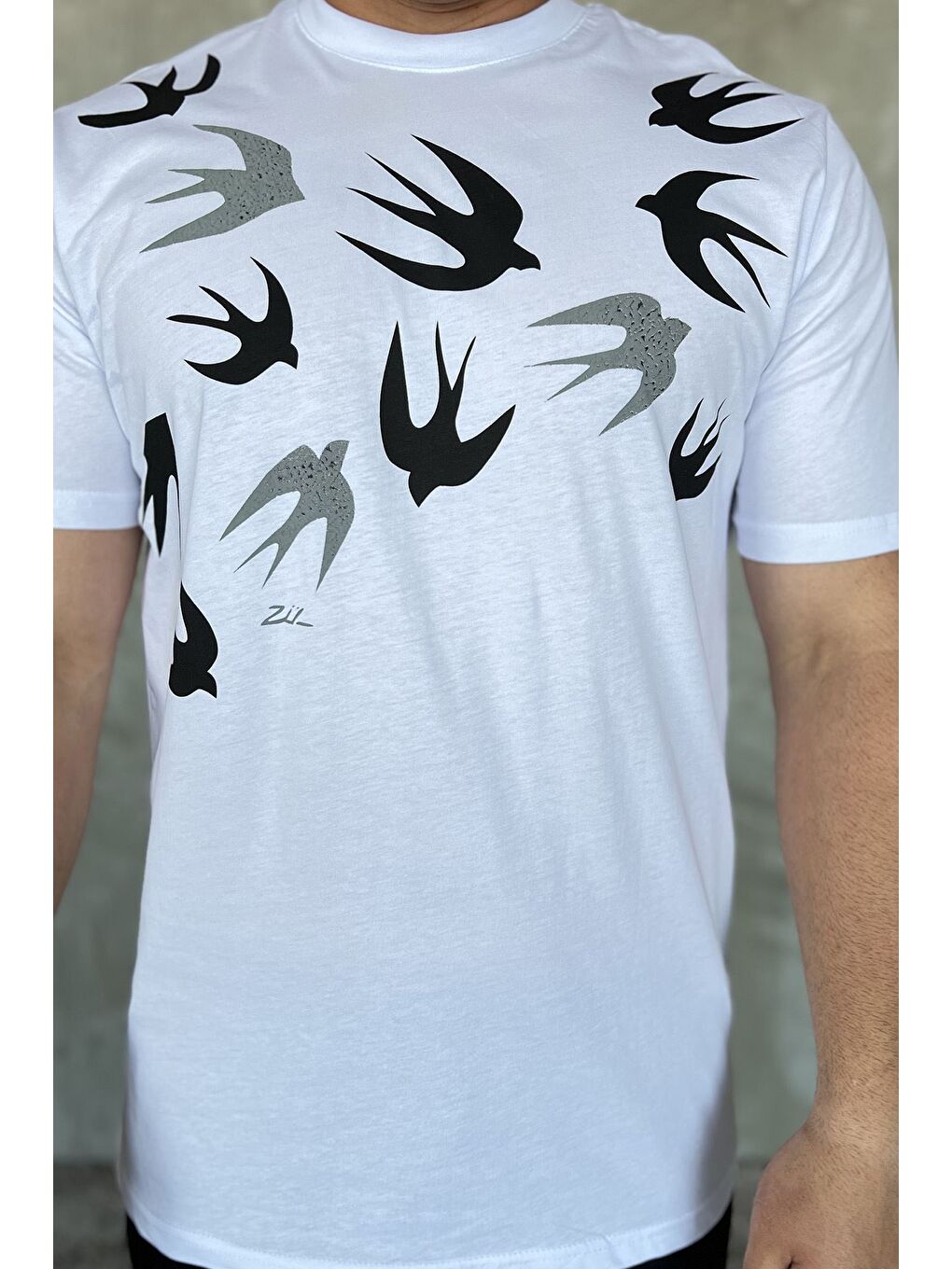 Beyaz Erkek Bisiklet Yaka Baskılı Tişört-3