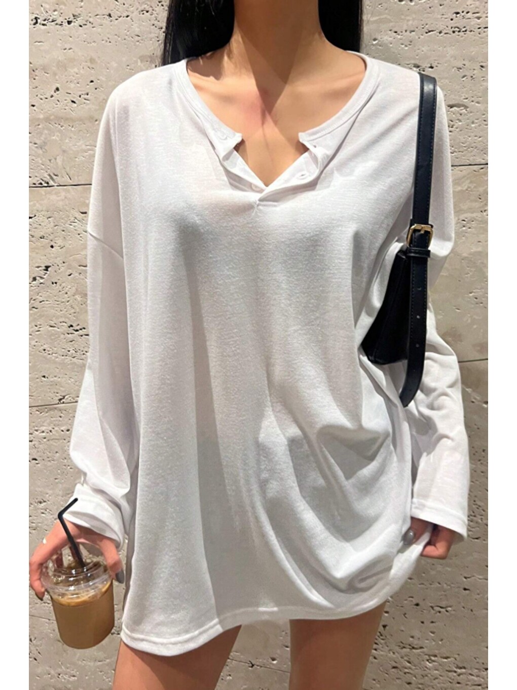 Beyaz Kadın Oversize Flamlı Uzun Kollu Basic Tişört %100 Pamuk Rahat Kalıp Günlük Kullanım-3