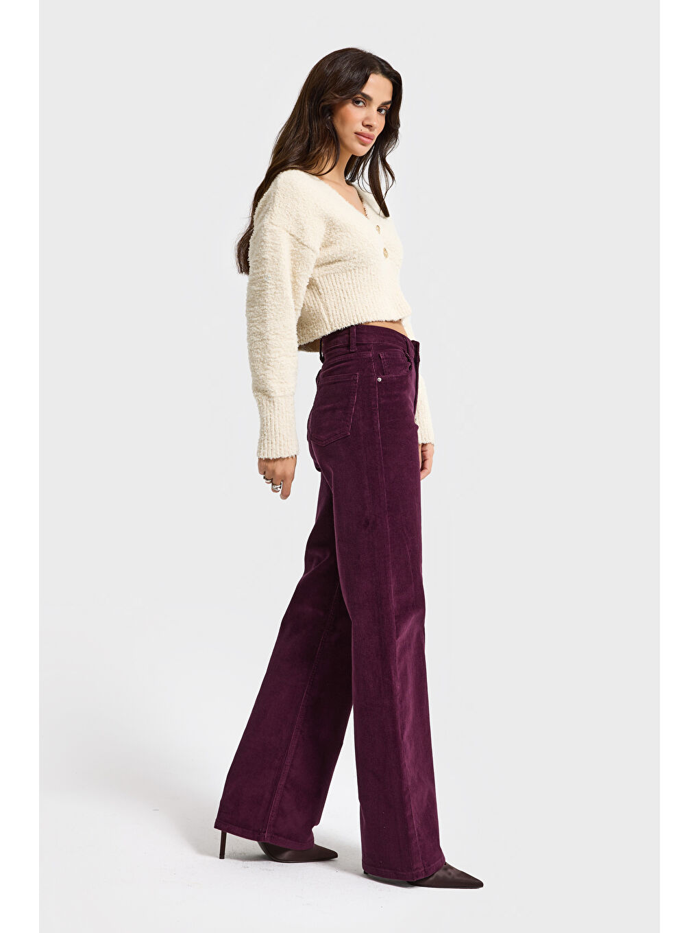 Kadın Mor Renk 26w5-111 Straight Cropped Fit Elastan Kumaş İnce Fitilli Velvet Kadife Kumaş Pantolon-4