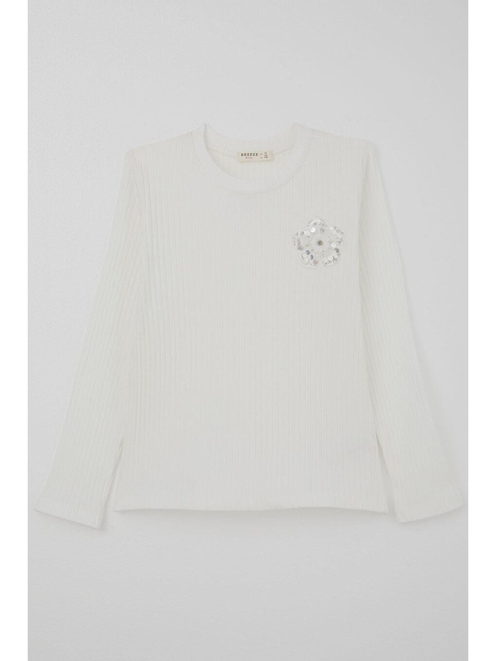 Kız Çocuk Uzun Kollu Tişört Pullu İncili Çiçek Armalı Ekru (9-14 Yaş)-1