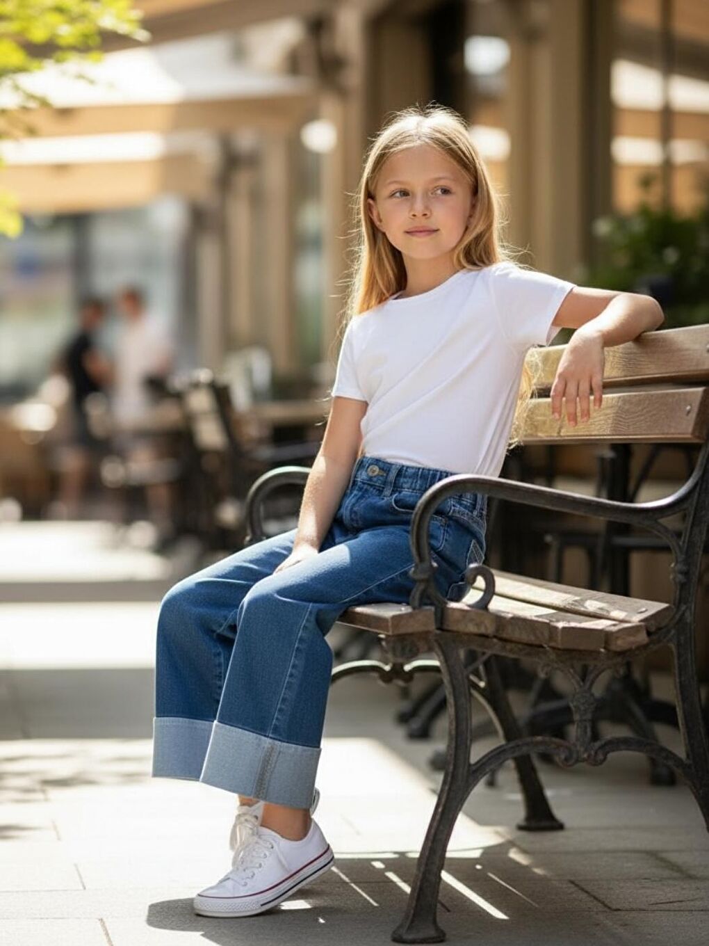 Kız Çocuk  Mavi Mid Rise Metalik Cuffed Baggy Jean Pantolon-1