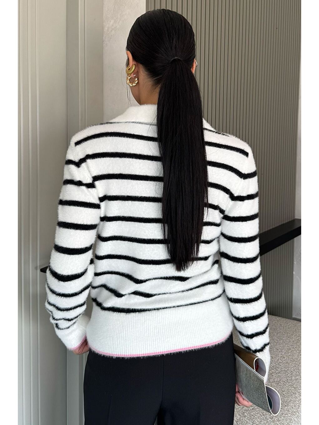 Ekru Kadın Polo Yaka Çizgi Desenli Sakallı Triko Kazak (s-m-l-xl Beden Uyumludur.)-3