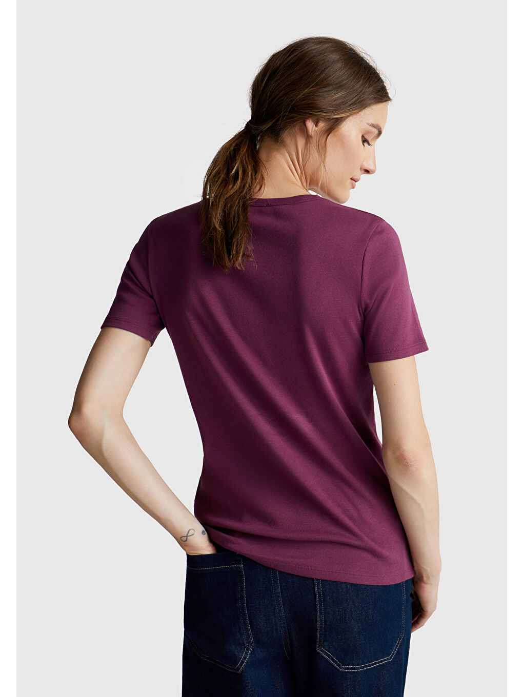 Kadın Mürdüm %100 Pamuk Benetton Yazılı Basic T-Shirt-2