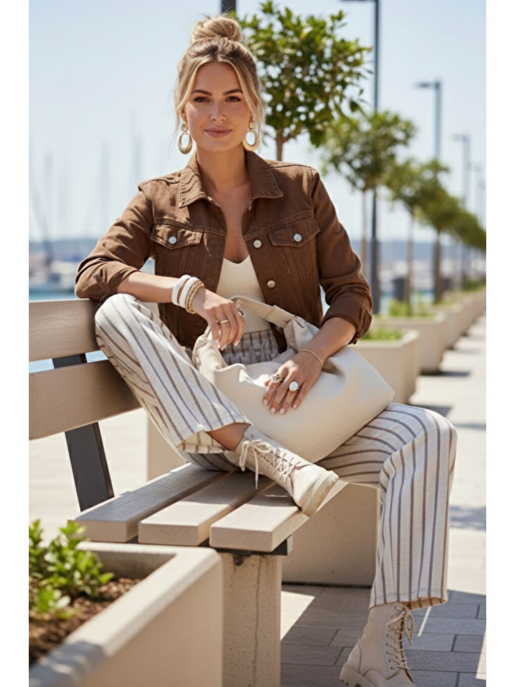 Bej Çizgili Kalın Lastikli Ve Bağlamalı Bel Geniş Paça Casual Dokuma Pantolon 105 55-1