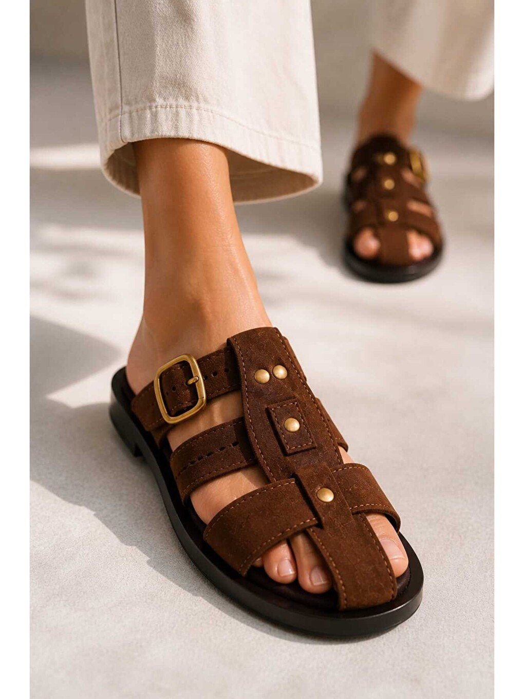 Kahverengi Kadın Ayarlanabilir Tokalı, Ortopedik, Şık, Çok Bantlı Ergonomik Taban Süvet Terlik-6