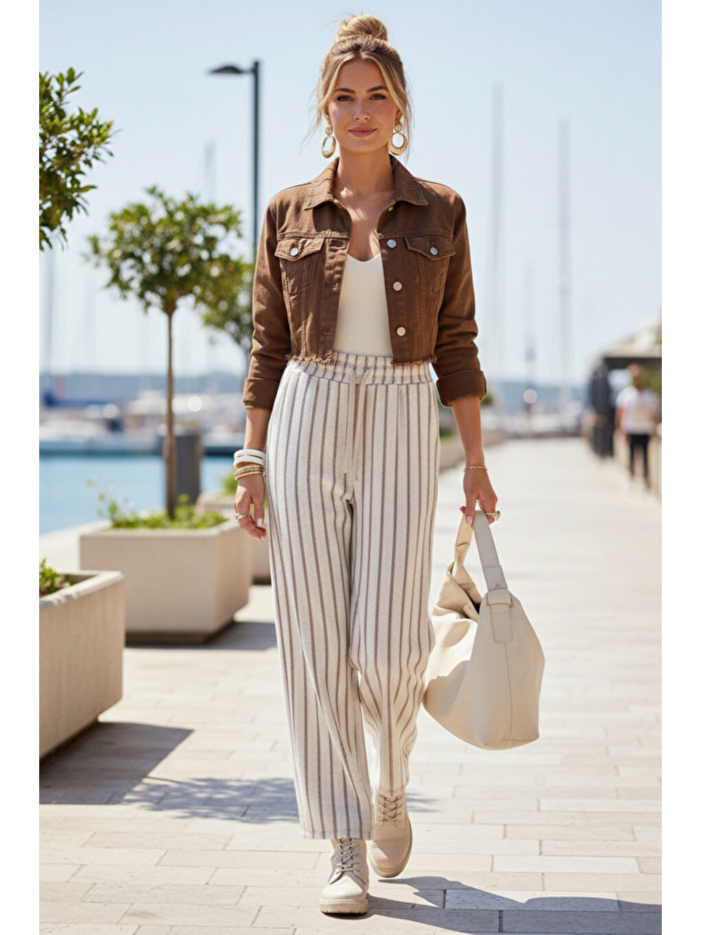 Bej Çizgili Kalın Lastikli Ve Bağlamalı Bel Geniş Paça Casual Dokuma Pantolon 105 55-2