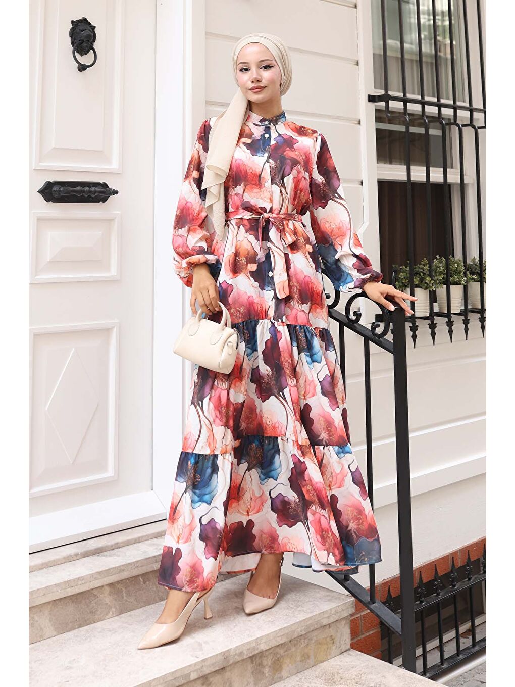 Kadın Desenli Uzun Tesettür Elbise 2586 - Bordo-3