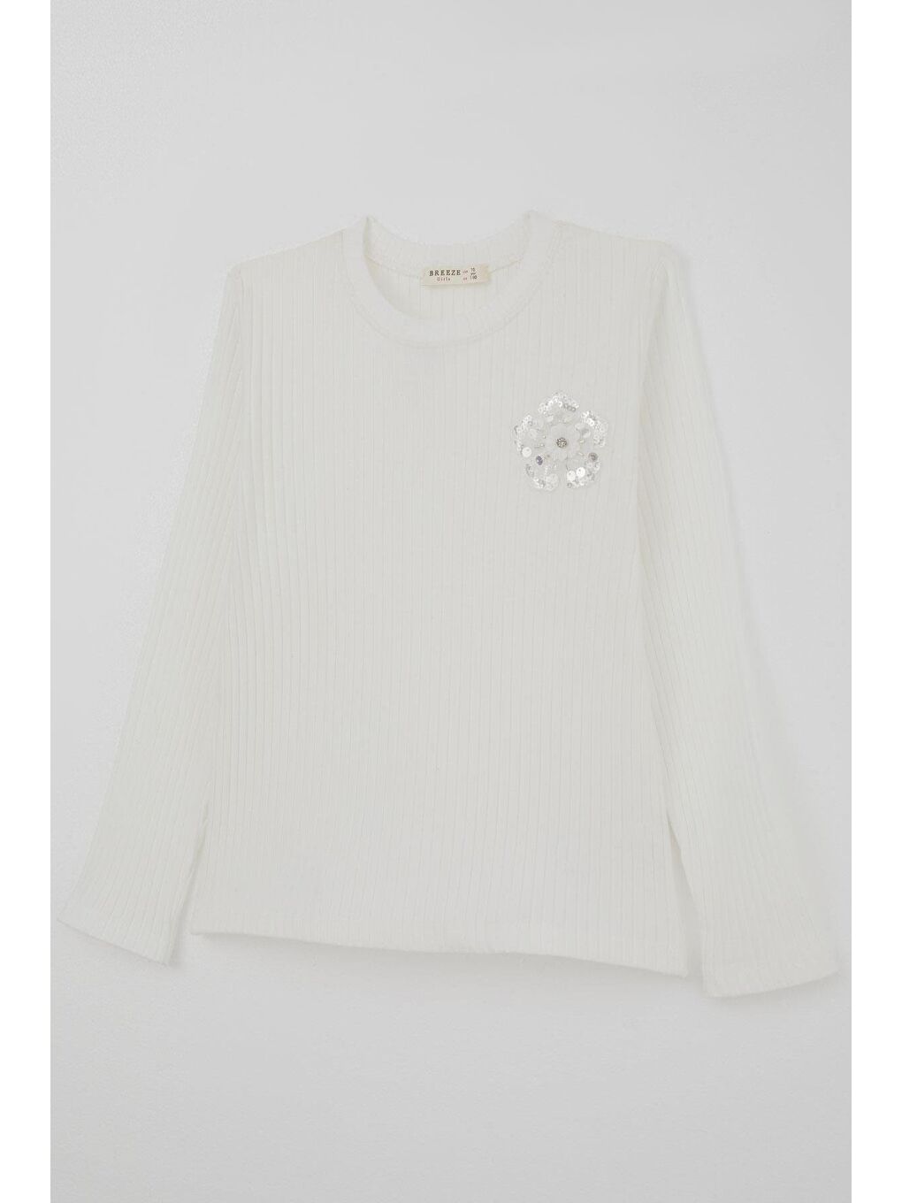 Kız Çocuk Uzun Kollu Tişört Pullu İncili Çiçek Armalı Ekru (9-14 Yaş)-3