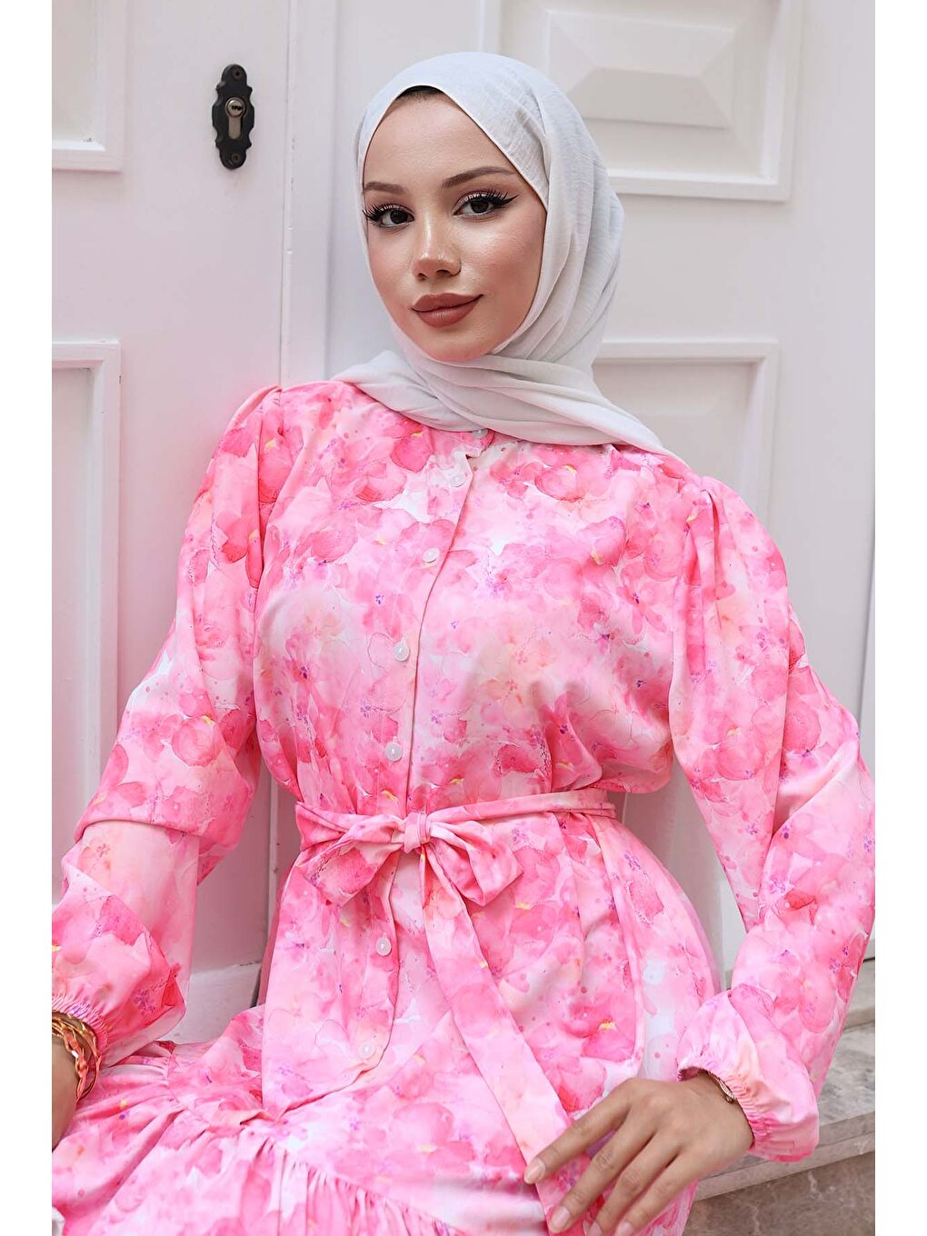 Kadın Desenli Uzun Tesettür Elbise 2586 - Y.Pembe-1