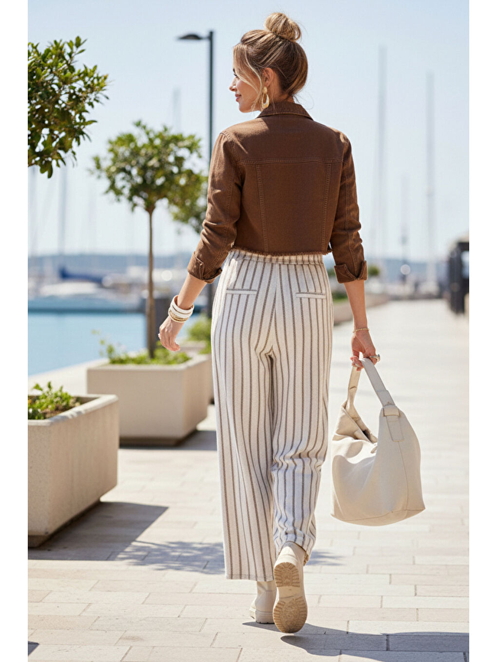 Bej Çizgili Kalın Lastikli Ve Bağlamalı Bel Geniş Paça Casual Dokuma Pantolon 105 55-4