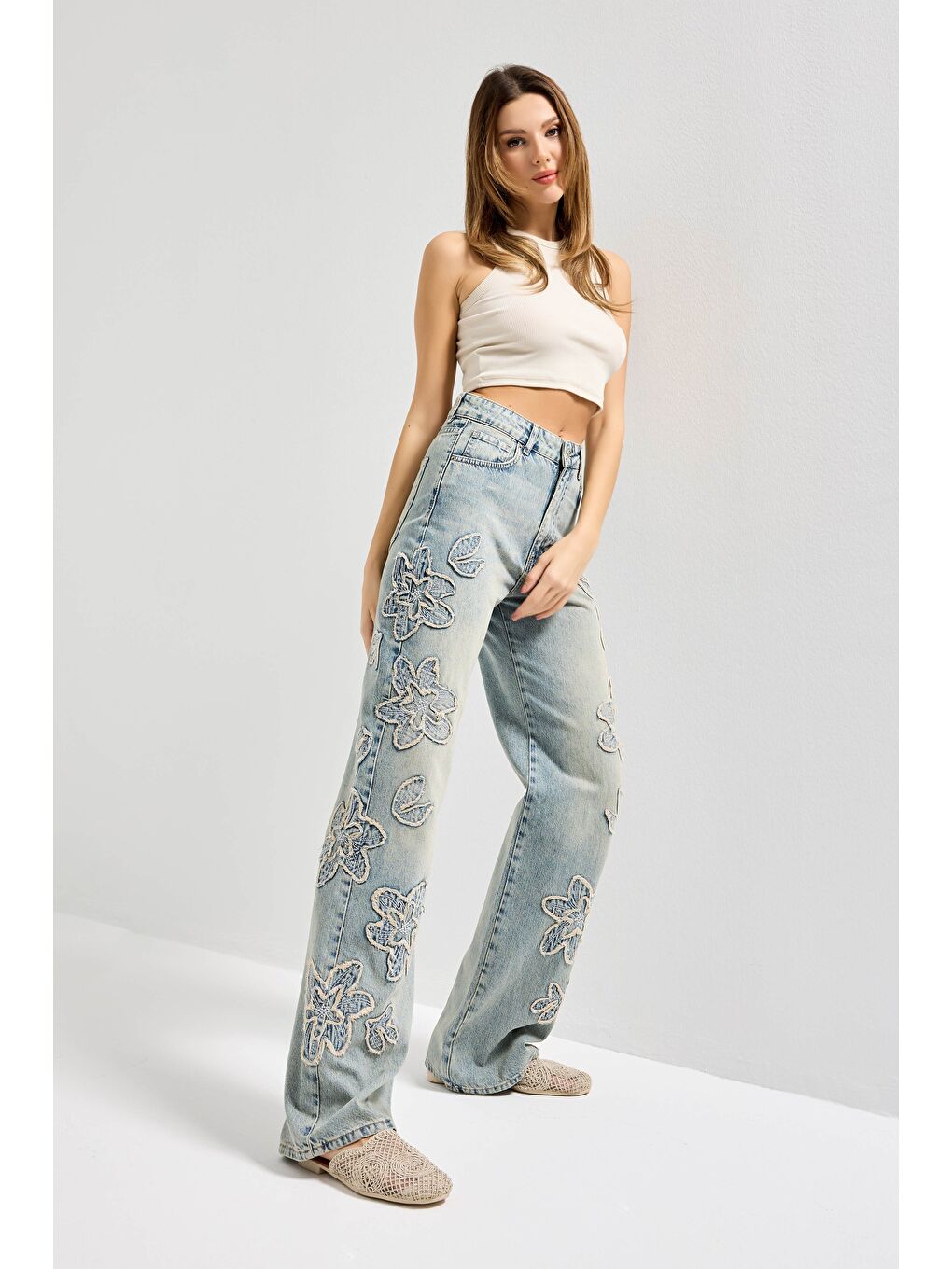 Mavi Kadın Jean Rengi 4s6-67 Straight Fit Yüksek Bel Nakış Detaylı Özel Tasarım Denim Jean-2